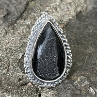 Black Onyx Druzy Pear shaped Sterling Silver Ring - Sand and Snow Jewelry - Rings - One of a Kind