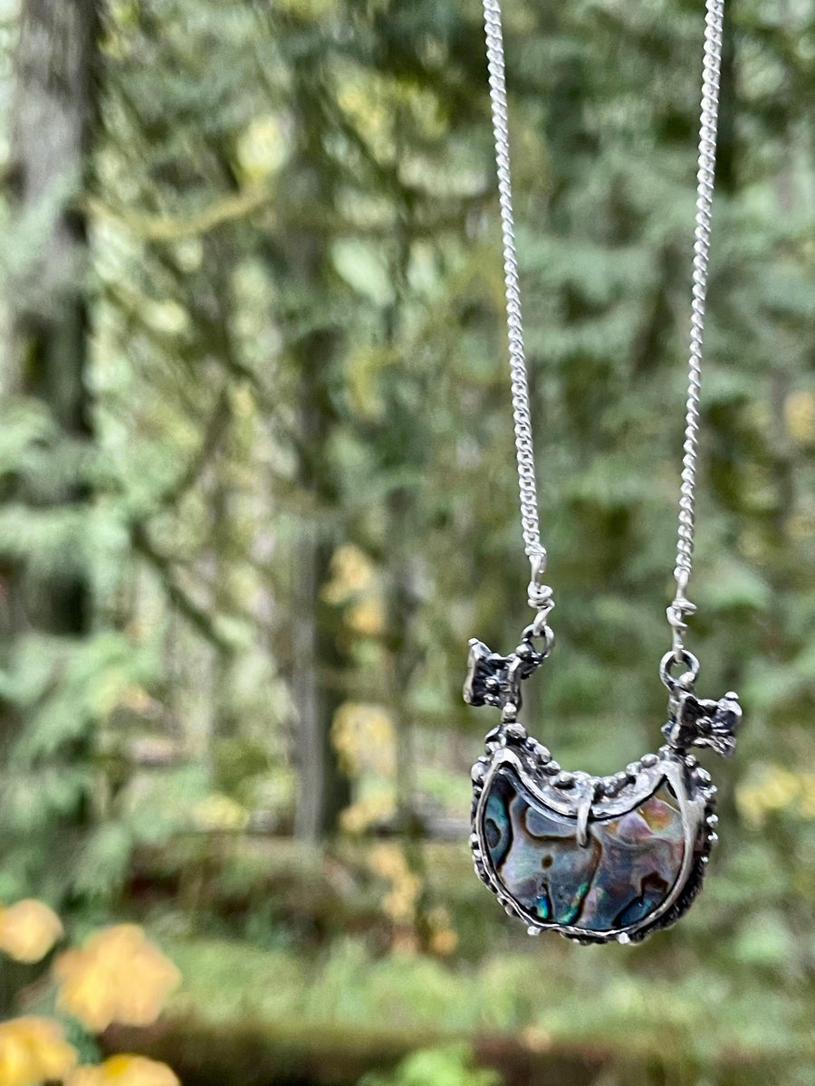 Paua Crescent Moon with Mini  Butterflies Sterling Silver Necklace - Sand and Snow Jewelry - Necklaces - PNW Collection