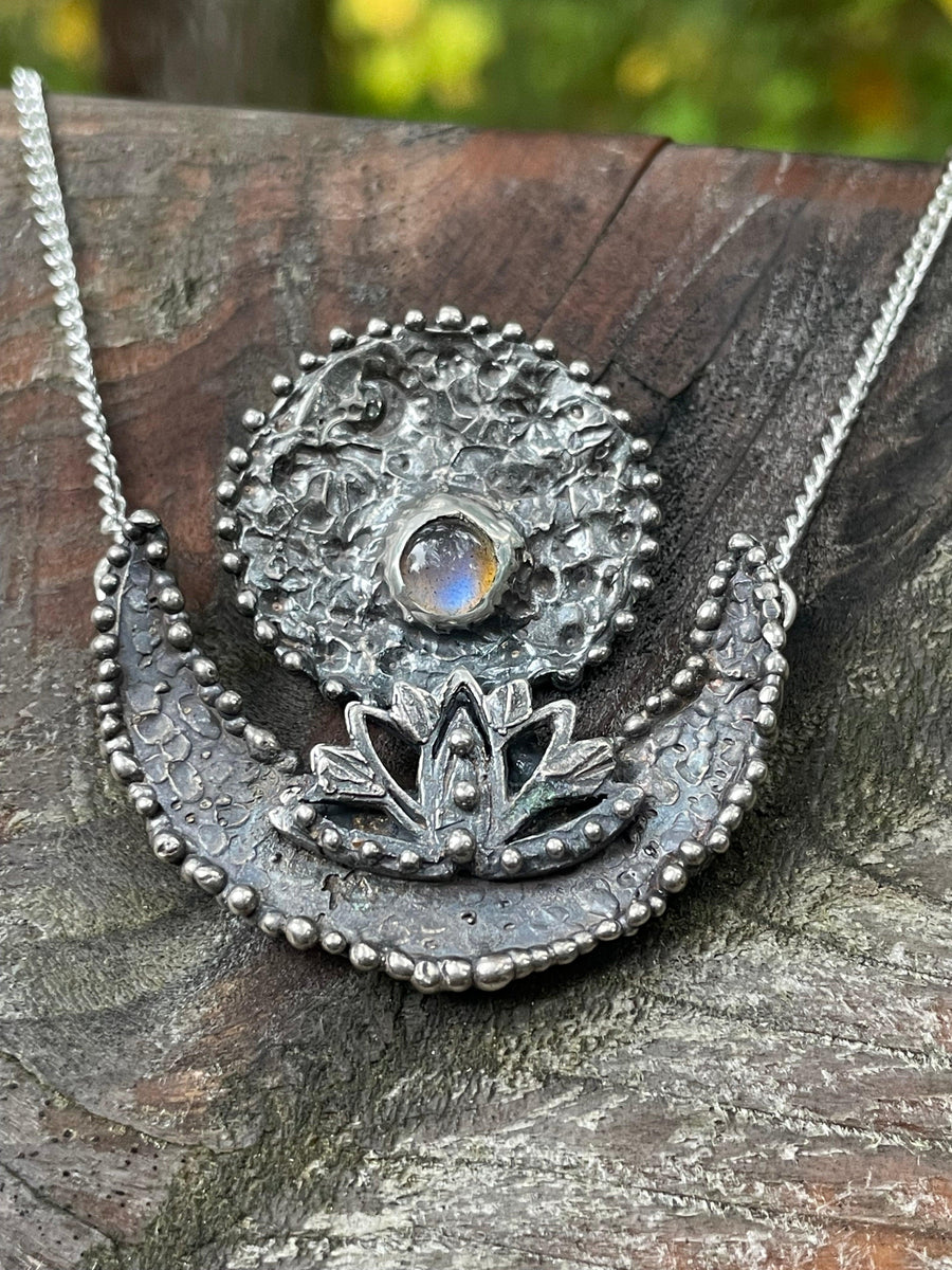 Crescent Lotus Blue Labrodite Sterling Silver Necklace - Sand and Snow Jewelry - Necklaces - PNW Collection