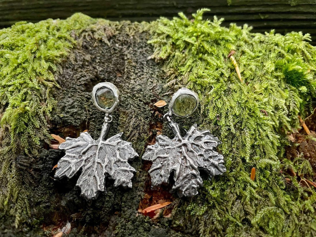 Peridot Maple Leaf Large Sterling Silver Earrings - Sand and Snow Jewelry - Earrings - PNW Collection