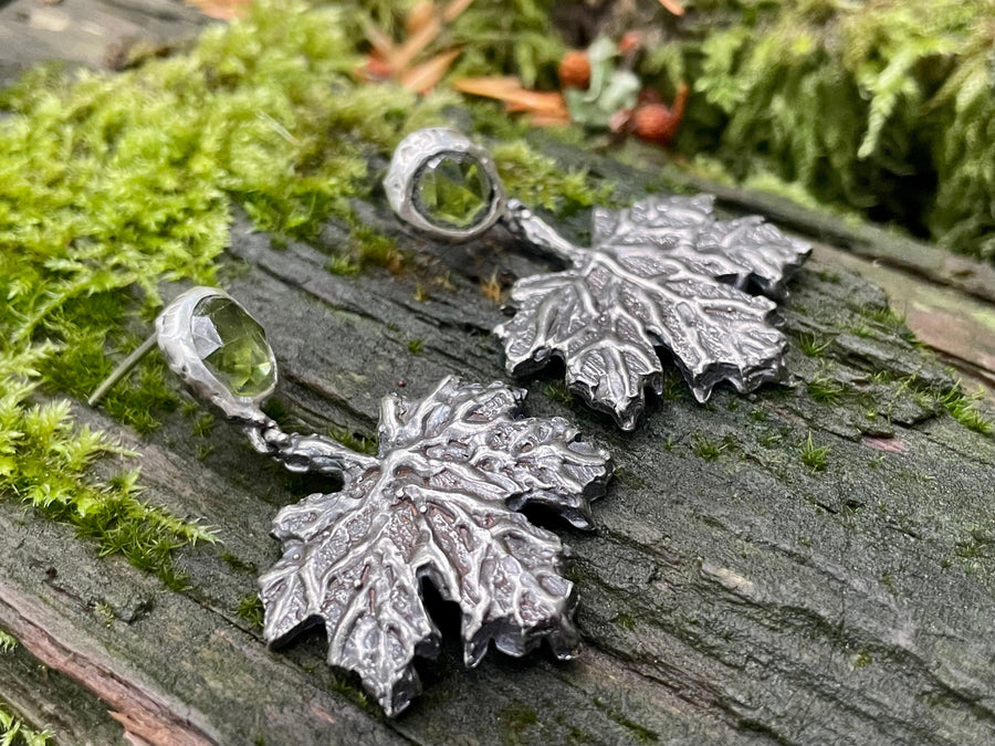 Peridot Maple Leaf Large Sterling Silver Earrings - Sand and Snow Jewelry - Earrings - PNW Collection