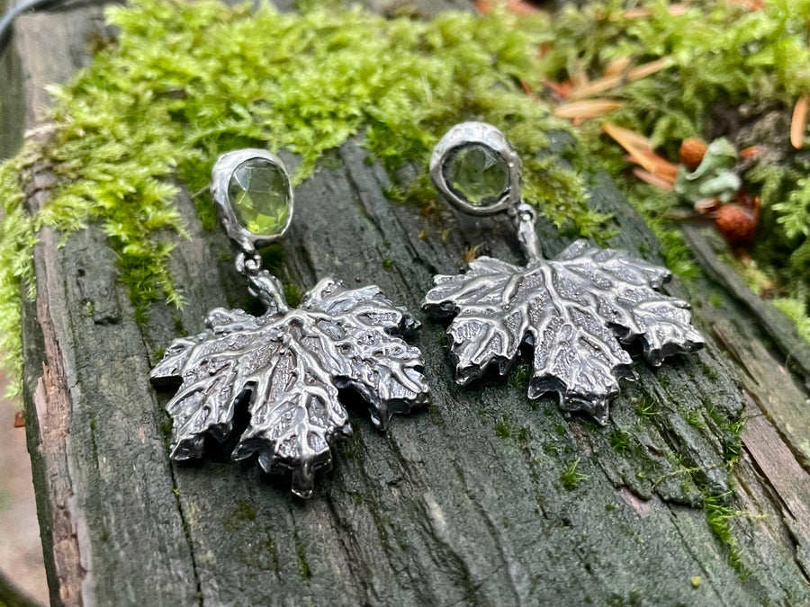 Peridot Maple Leaf Large Sterling Silver Earrings - Sand and Snow Jewelry - Earrings - PNW Collection