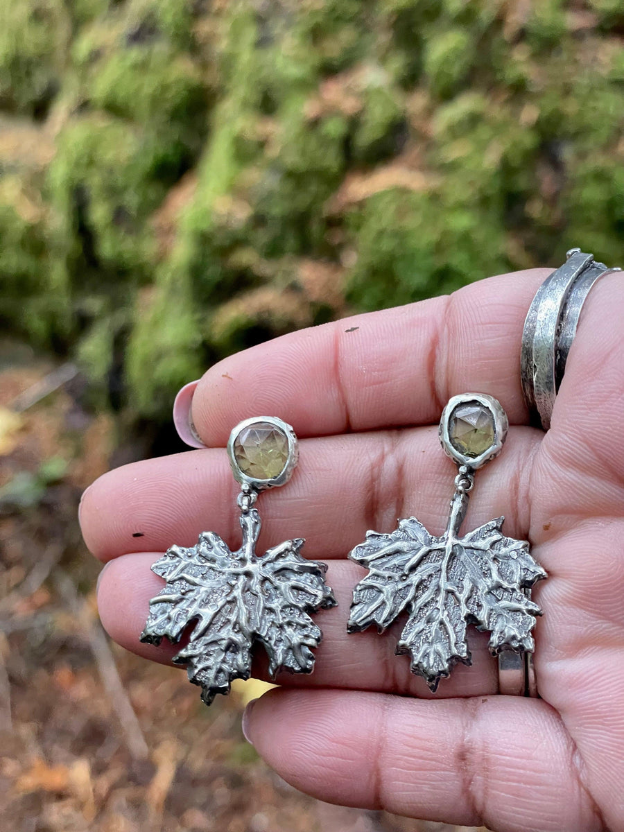Peridot Maple Leaf Large Sterling Silver Earrings - Sand and Snow Jewelry - Earrings - PNW Collection