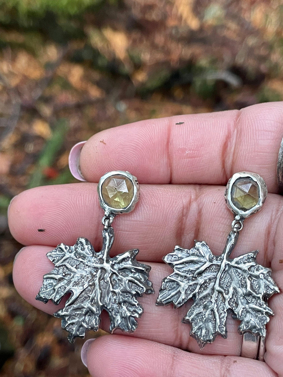 Peridot Maple Leaf Large Sterling Silver Earrings - Sand and Snow Jewelry - Earrings - PNW Collection