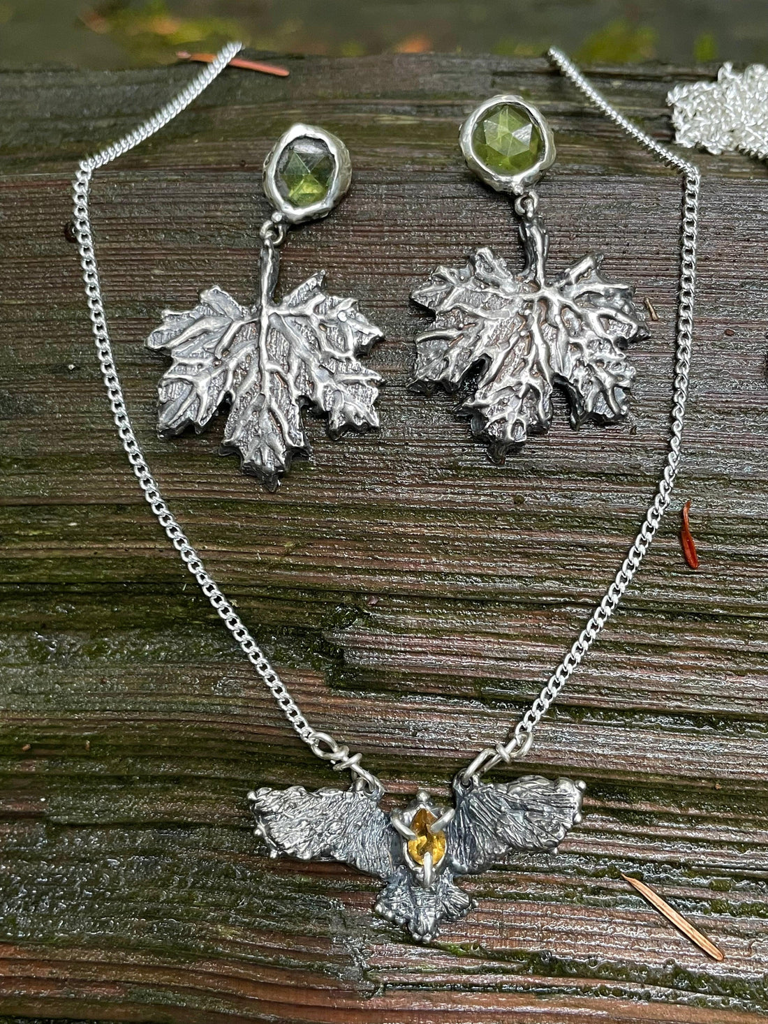 Peridot Maple Leaf Large Sterling Silver Earrings - Sand and Snow Jewelry - Earrings - PNW Collection