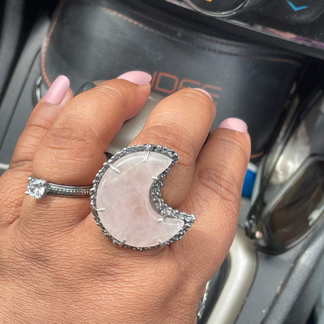 Rose Quartz Moon shaped Sterling Silver Ring US Size 8 - Sand and Snow Jewelry - Rings - One of a Kind