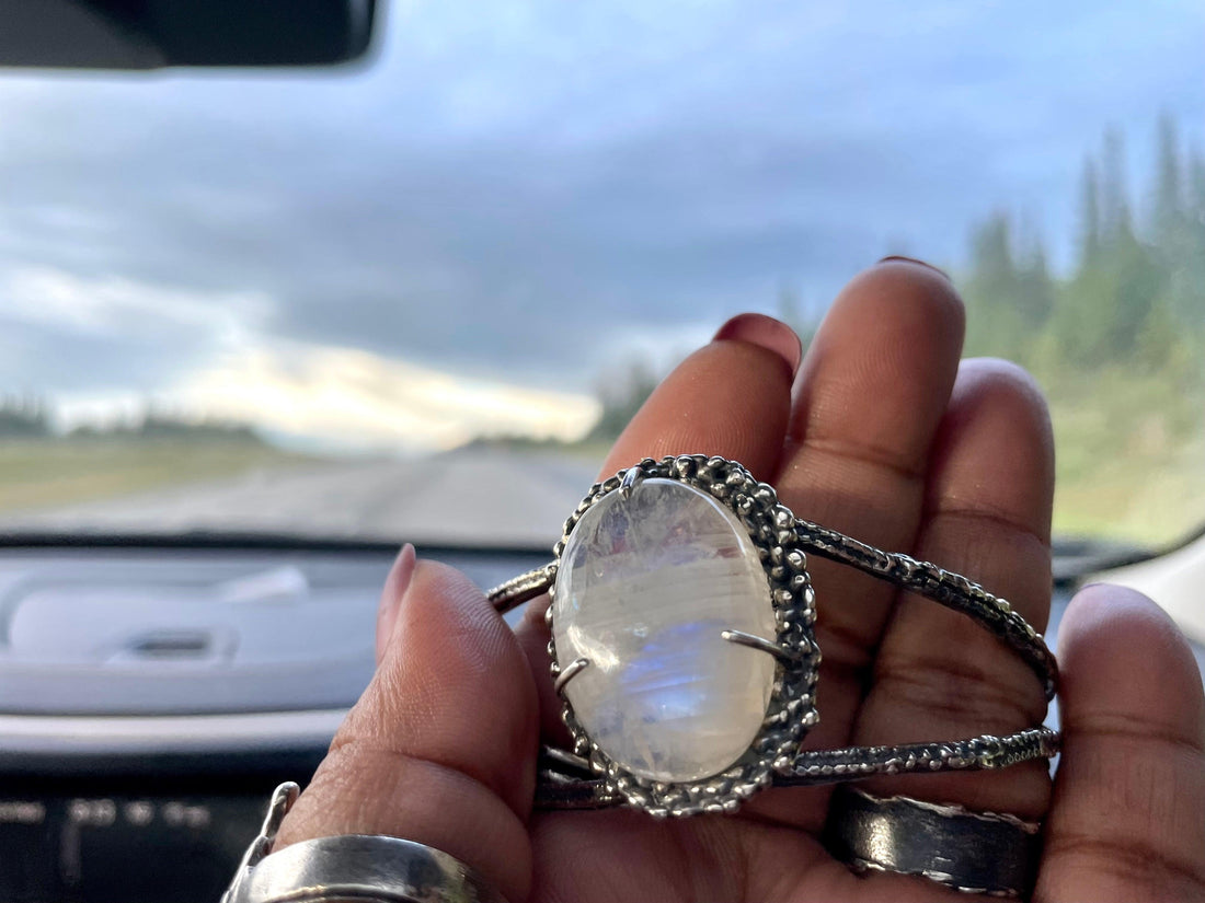 Bijalee | Tiara shaped White Rainbow Moonstone Double band Sterling Silver Cuff - Sand and Snow Jewelry - Cuffs / Bracelets - One of a Kind