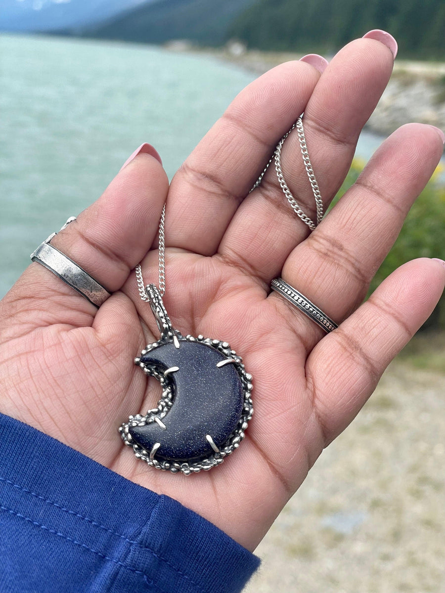 Ken | Blue Sandstone Moon Sterling Silver Necklace - Sand and Snow Jewelry -  - One of a Kind
