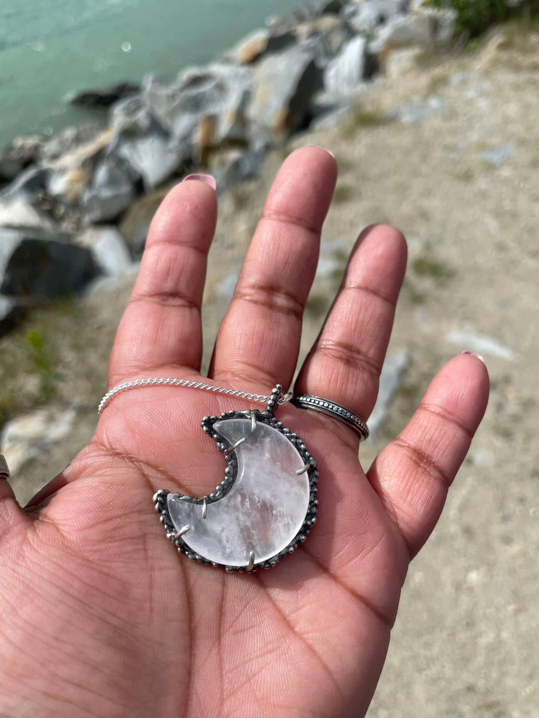 Tess | Clear Quartz Moon Sterling Silver Necklace - Sand and Snow Jewelry -  - One of a Kind