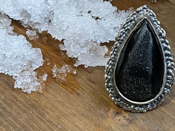 Black Onyx Druzy Pear shaped Sterling Silver Ring - Sand and Snow Jewelry - Rings - One of a Kind