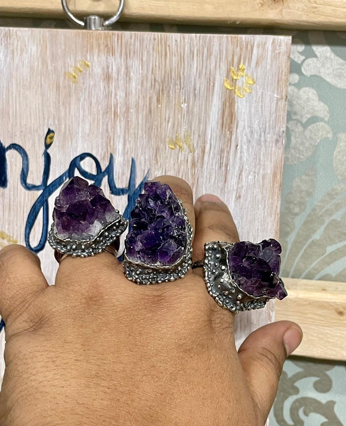 Amethyst Crystal Wolf Sterling Silver Ring - Sand and Snow Jewelry