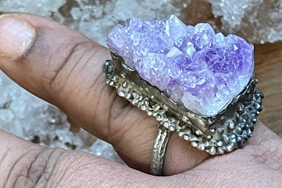 Teardrop Cluster Ring on finger top side view. (Size US 13)  Textured ring Bohemian ring Statement ring Bold ring Large ring Sterling silver ring Unique ring Goddess ring Cosmic ring  Gemstone ring  Amethyst Ring Amethyst Cluster Ring Purple Stone Ring