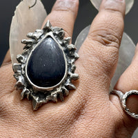 Galaxy Ice Portal Ring on finger showing Blue Sandstone. Textured ring Bohemian ring Statement ring Bold ring Large ring Sterling silver ring Unique ring Goddess ring Cosmic ring  Gemstone ring Blue Stone Ring Galaxy Ring