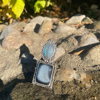 Glacial Ring lying on the rocks. Glacial Ring in the Sun and greenary. Textured ring Bohemian ring Statement ring Bold ring Large ring Sterling silver ring Unique ring Goddess ring Cosmic ring Gemstone ring Blue Stone Ring Oversized Ring Large Ring