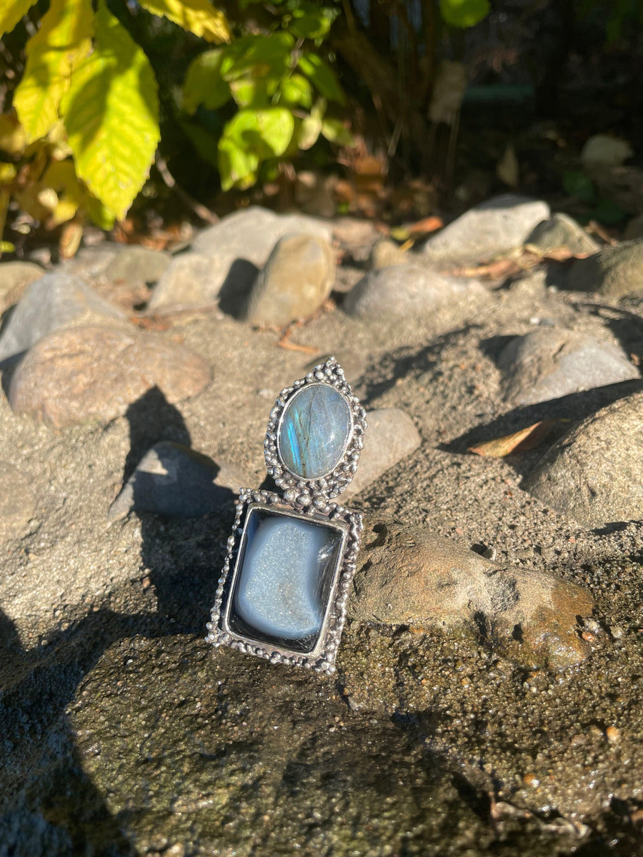 Glacial Ring lying on the rocks. Glacial Ring in the Sun and greenary. Textured ring Bohemian ring Statement ring Bold ring Large ring Sterling silver ring Unique ring Goddess ring Cosmic ring Gemstone ring Blue Stone Ring Oversized Ring Large Ring