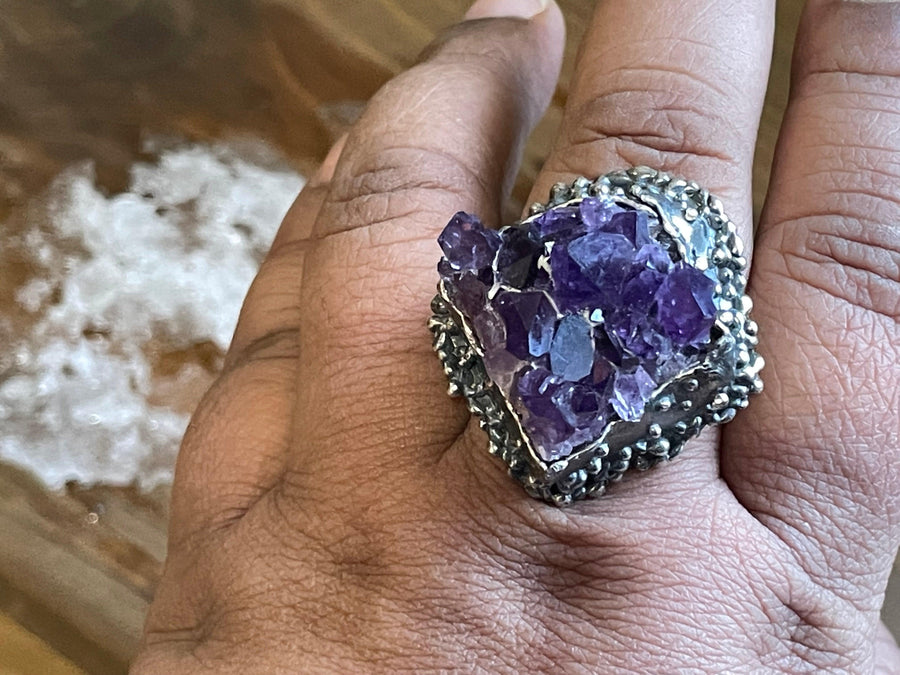 Glory Cluster Ring on finger. Ring (Size US 9). Textured ring Bohemian ring Statement ring Bold ring Large ring Sterling silver ring Unique ring Goddess ring Cosmic ring  Gemstone ring  Amethyst Ring Purple Stone Ring