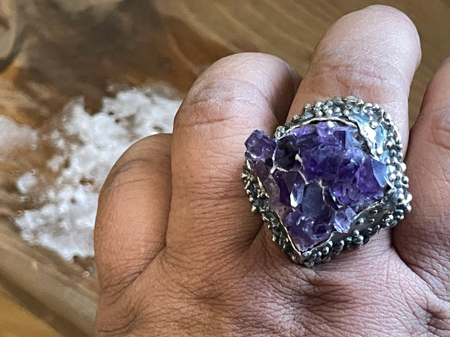 Glory Cluster Ring on finger. Ring (Size US 9). Textured ring Bohemian ring Statement ring Bold ring Large ring Sterling silver ring Unique ring Goddess ring Cosmic ring  Gemstone ring  Amethyst Ring Purple Stone Ring