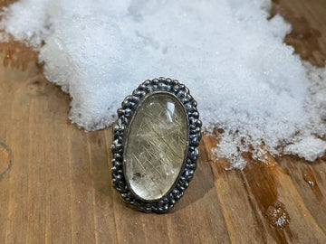 Grande Ring on wood.  Grande Ring on ice.  Grande Ring on finger. Textured ring Bohemian ring Statement ring Bold ring Large ring Sterling silver ring Unique ring Goddess ring Cosmic ring  Gemstone ring  Golden Rutile Ring Golden Stone Ring Quartz Ring