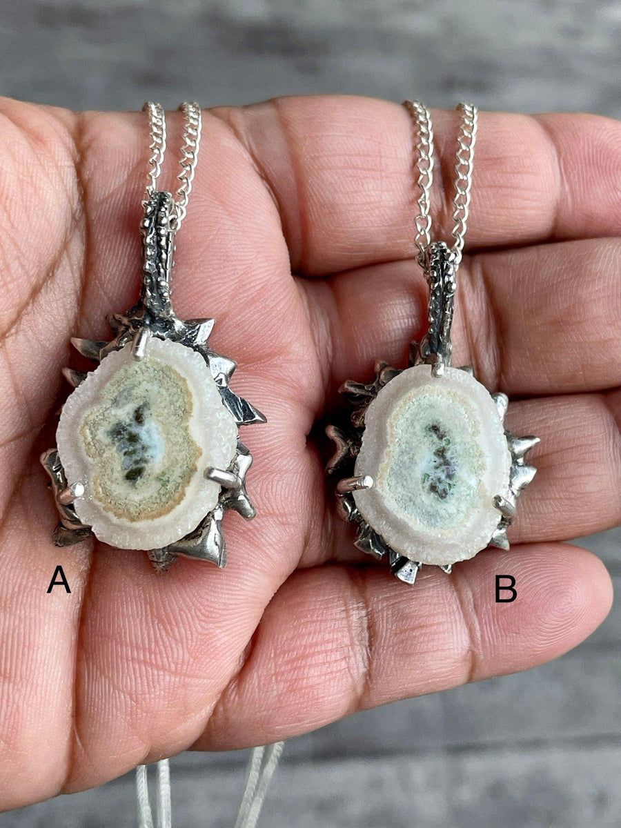 Ice Map Necklaces A and B held in hand. Necklace Bohemian necklace Bold necklace Beautiful necklace Sterling silver necklace Goddess necklace Sexy necklace Textured necklace Statement necklace Unique necklace  Cosmic necklace White Solar Quartz Necklace